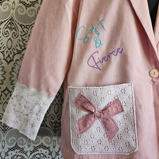 Soft Fatale Blazer — Upcycled Pink Lace Embroidered Blazer