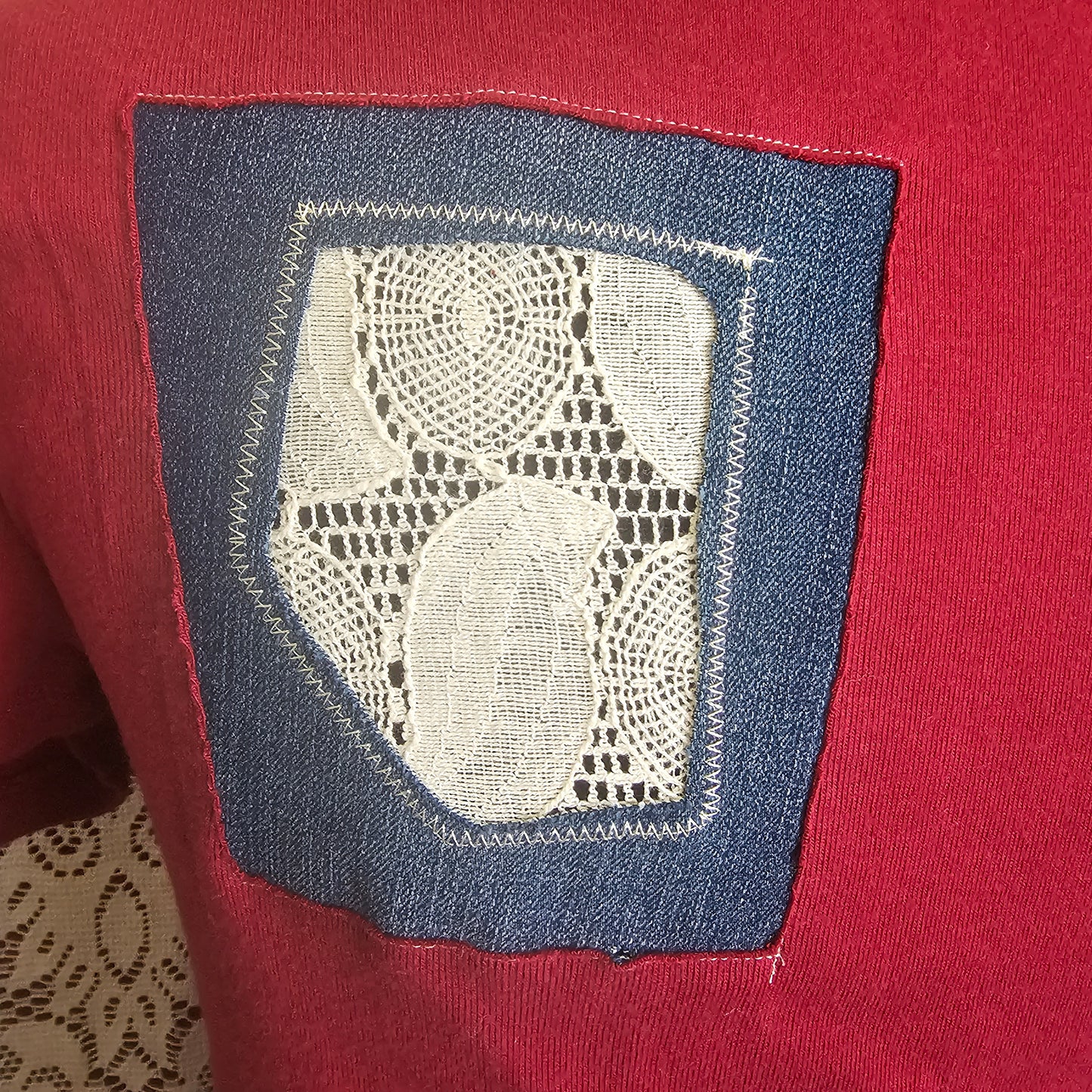 Cropped Patched Tee — Upcycled Visible Mending Lace Tee
