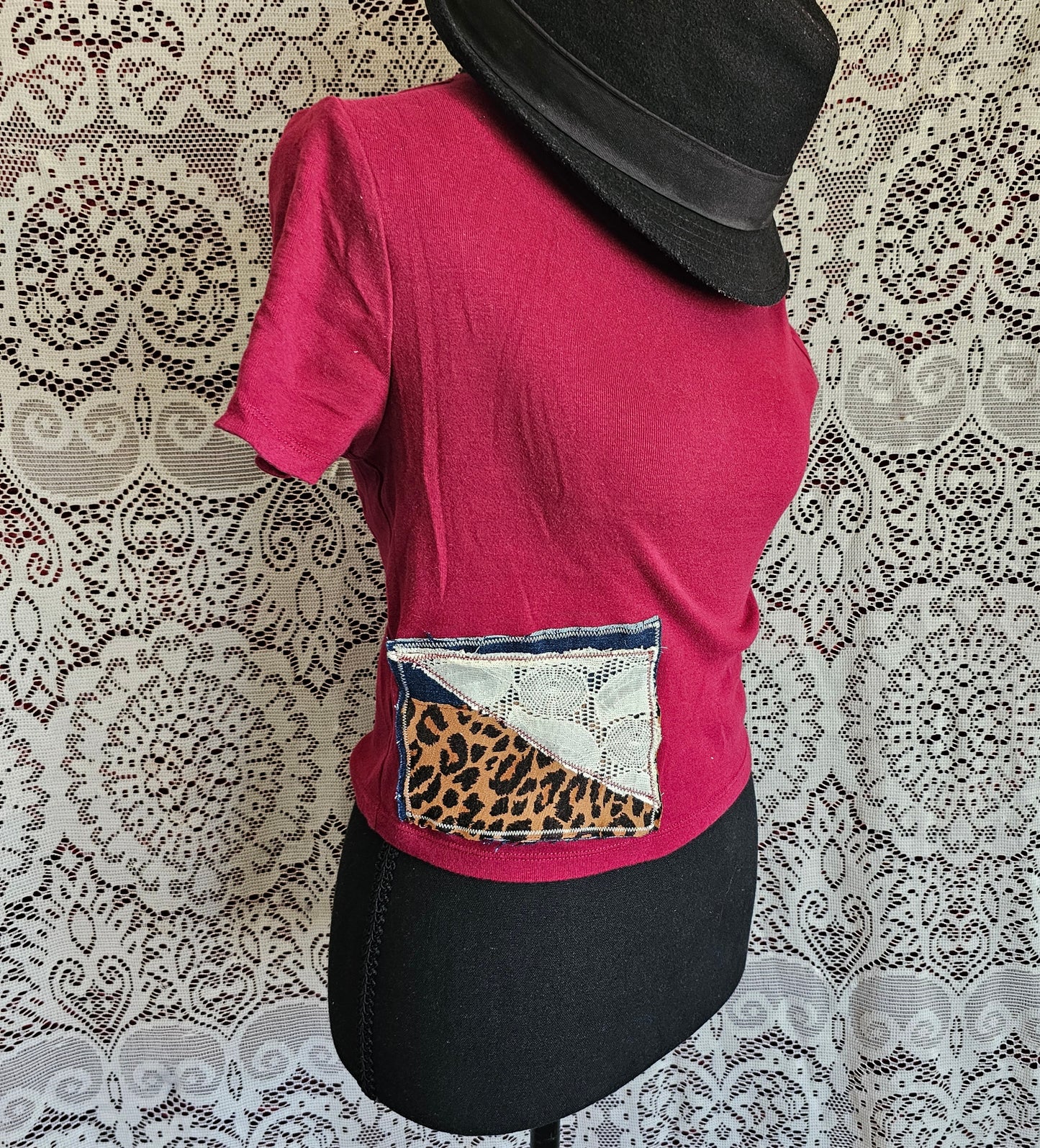 Cropped Patched Tee — Upcycled Visible Mending Lace Tee