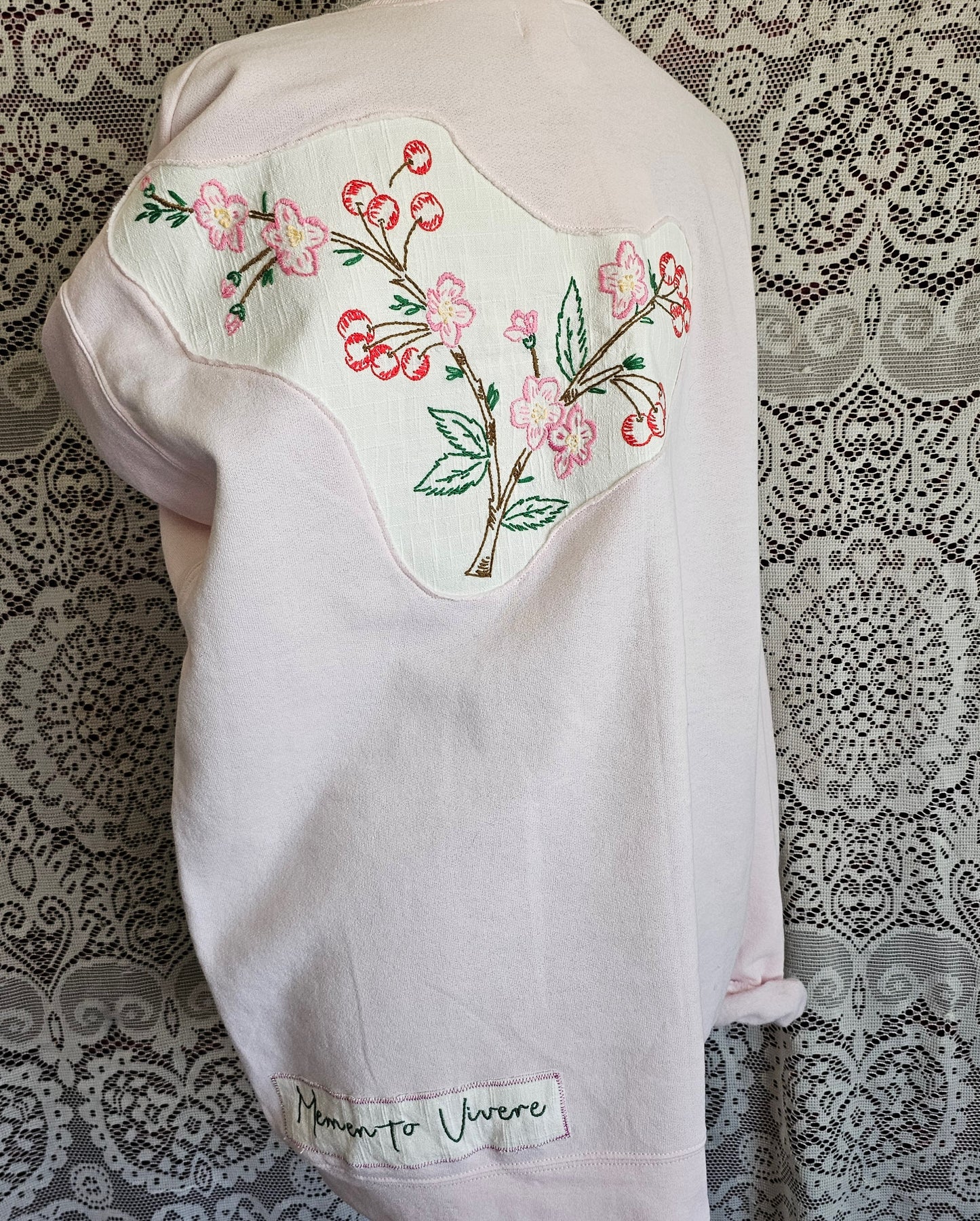 Memento Vivere Sweatshirt — Upcycled Cherry Blossom Embroidered Art
