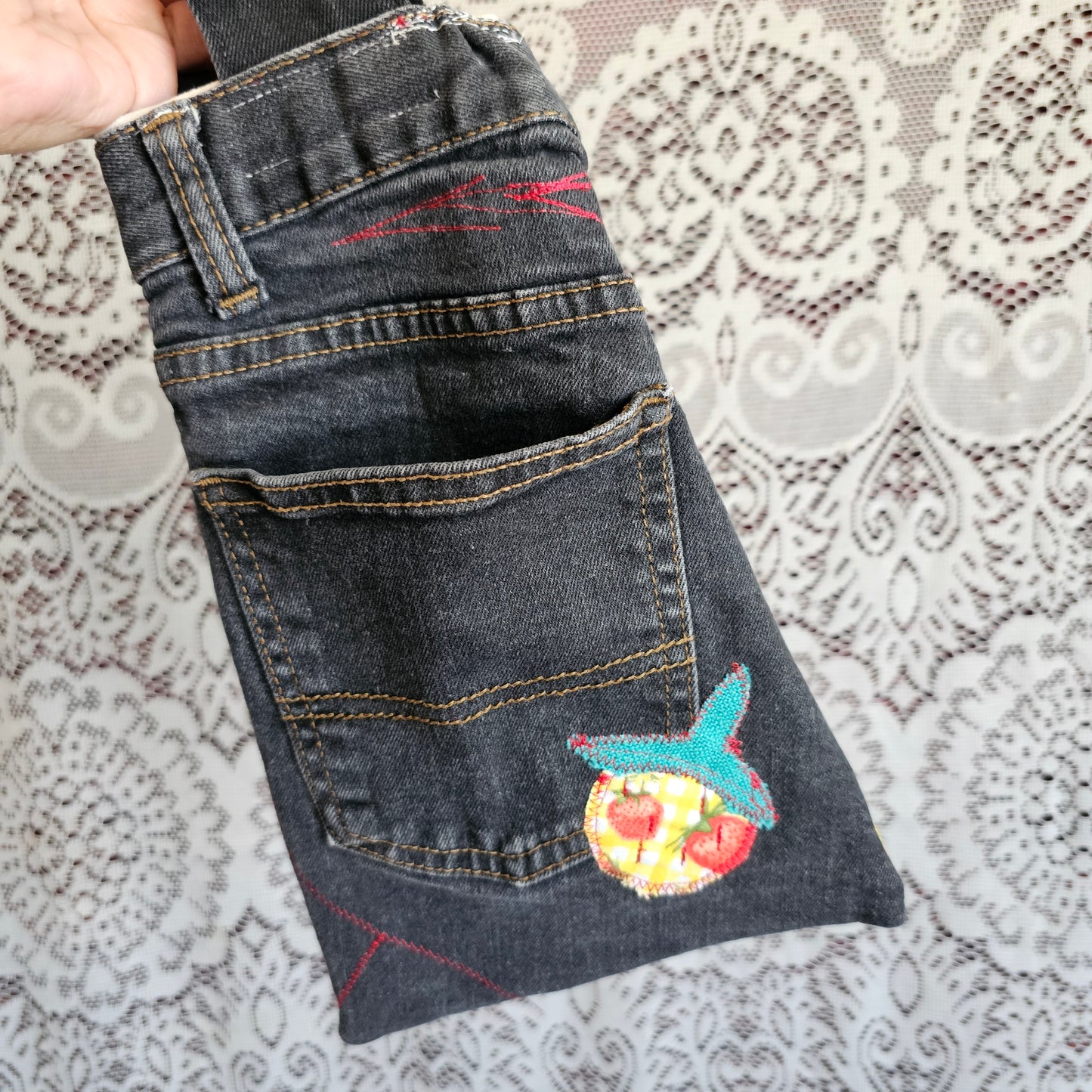 Denim Strawberry Bag — Upcycled Denim Wristlet Belt Bag