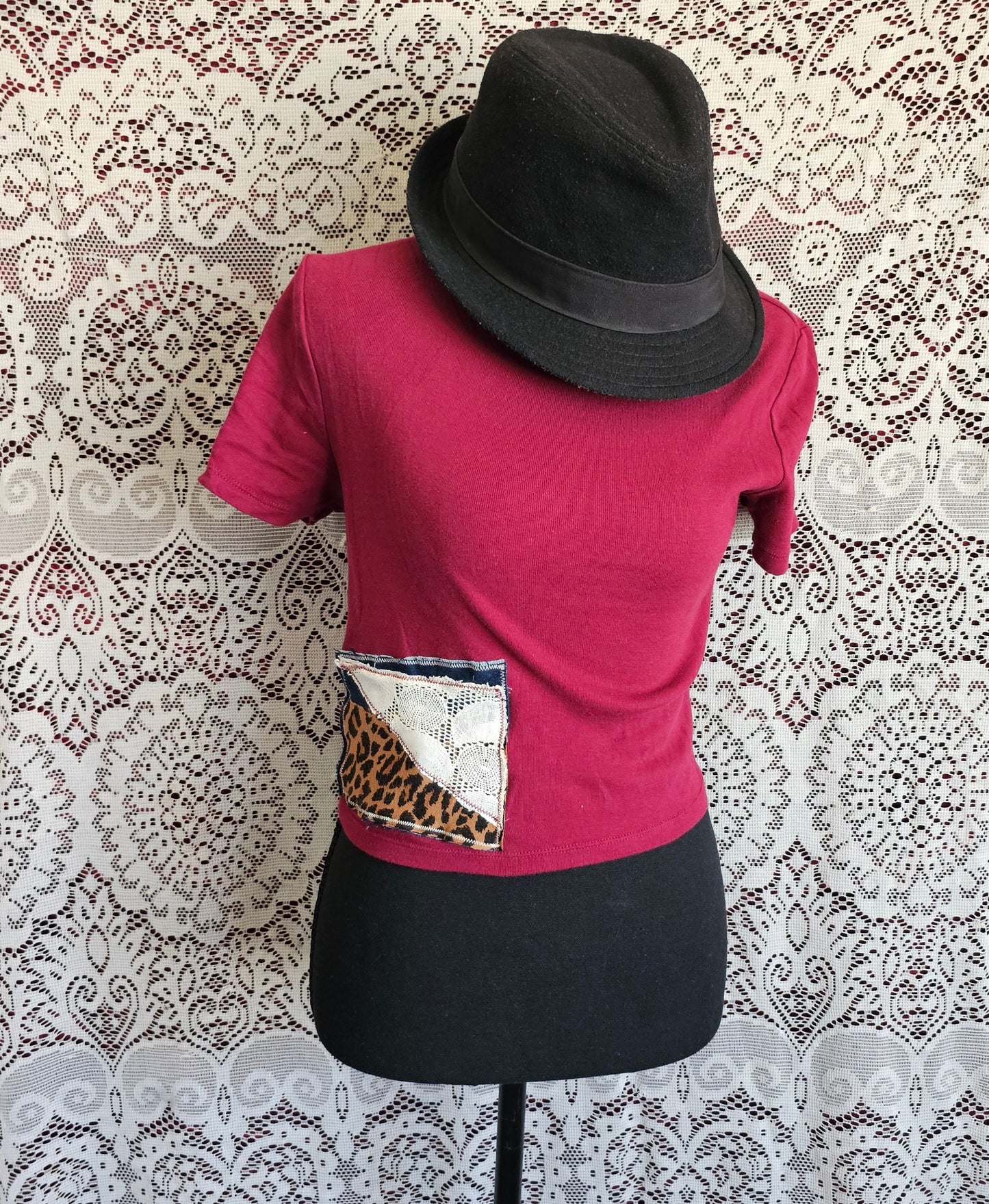 Cropped Patched Tee — Upcycled Visible Mending Lace Tee