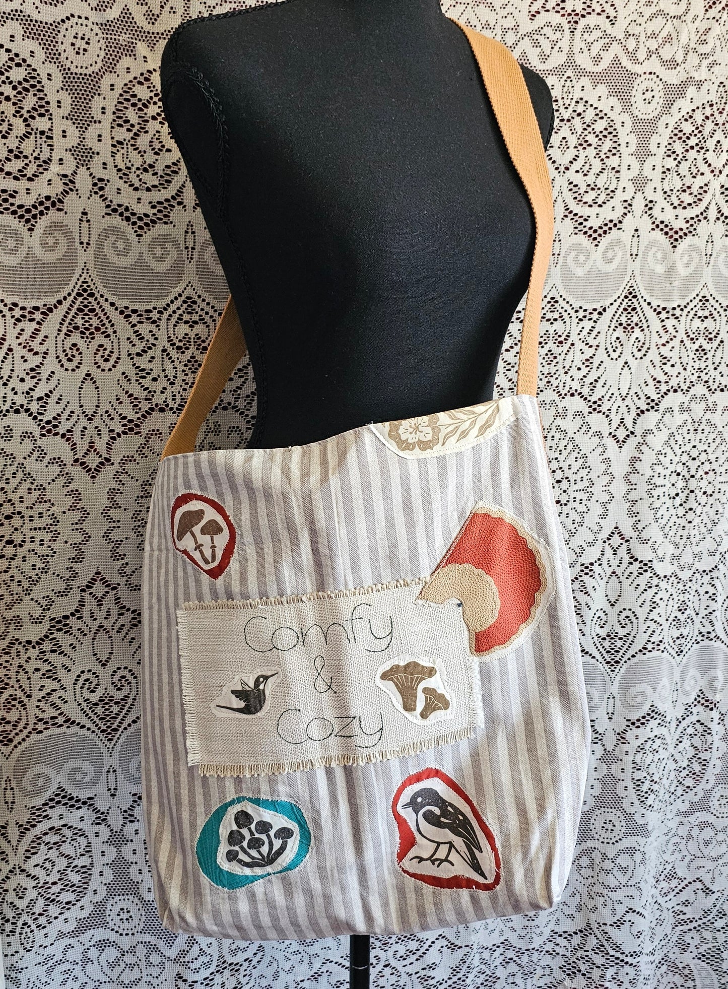 Comfy & Cozy Tote — Handmade Embroidered Animal & Fungi Tote Bag