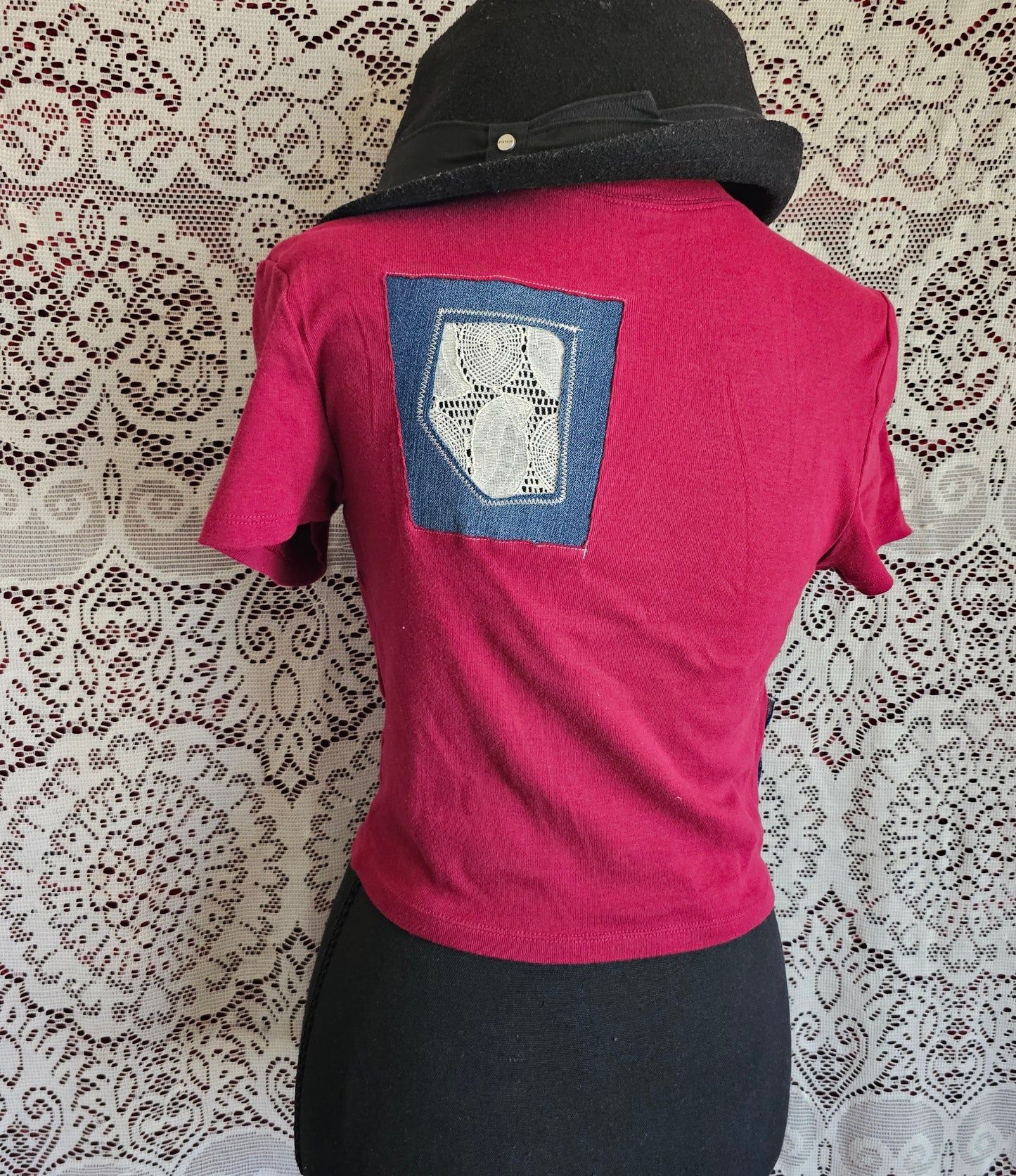 Cropped Patched Tee — Upcycled Visible Mending Lace Tee