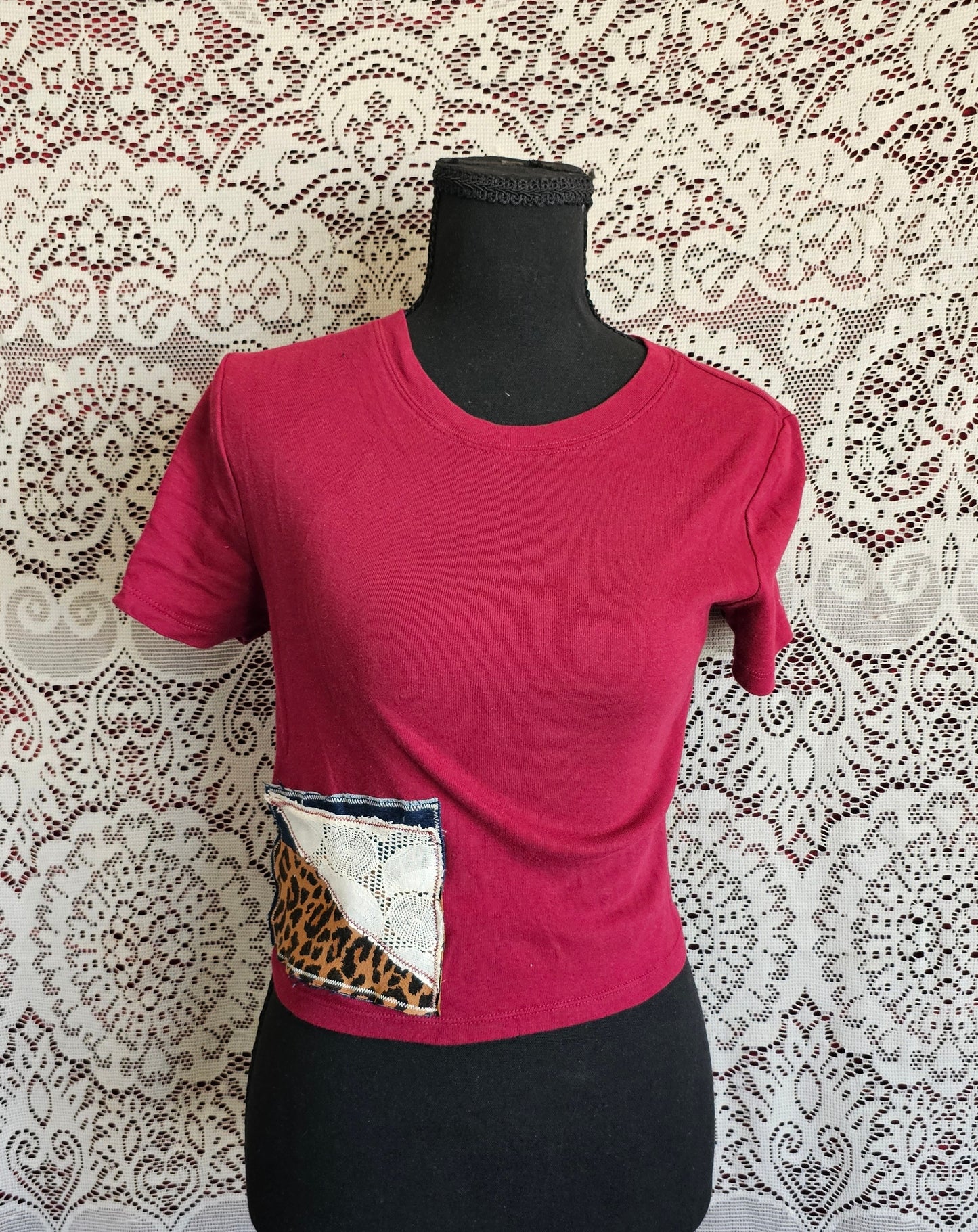 Cropped Patched Tee — Upcycled Visible Mending Lace Tee
