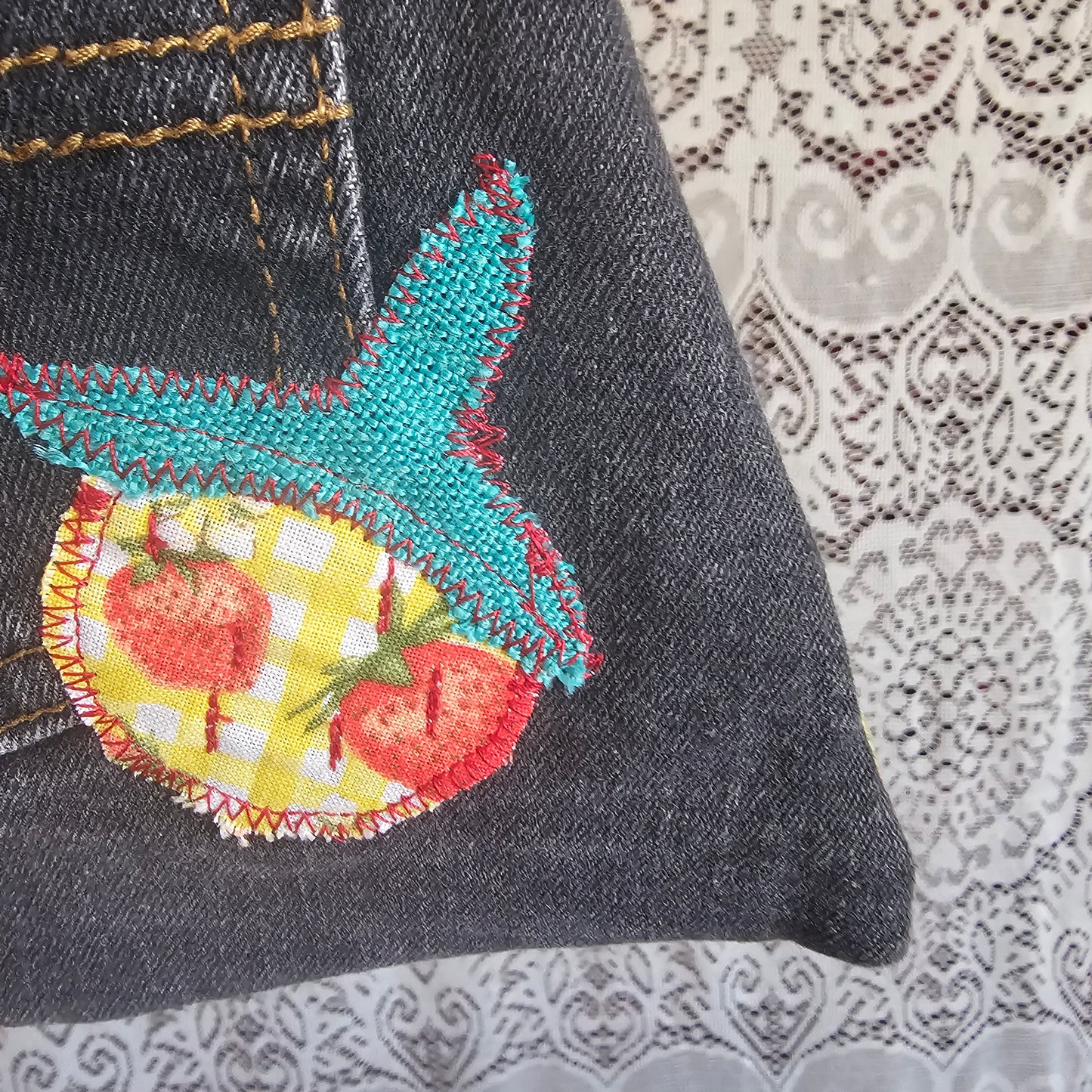 Denim Strawberry Bag — Upcycled Denim Wristlet Belt Bag