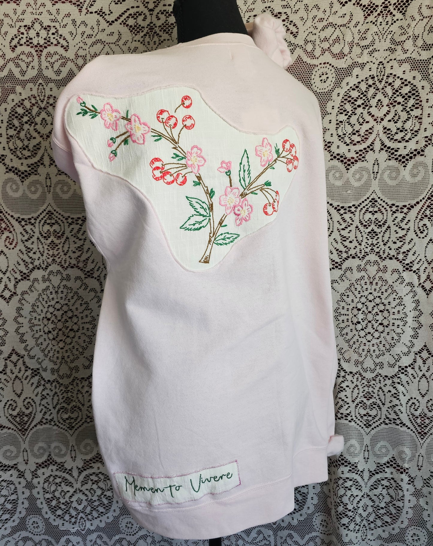 Memento Vivere Sweatshirt — Upcycled Cherry Blossom Embroidered Art