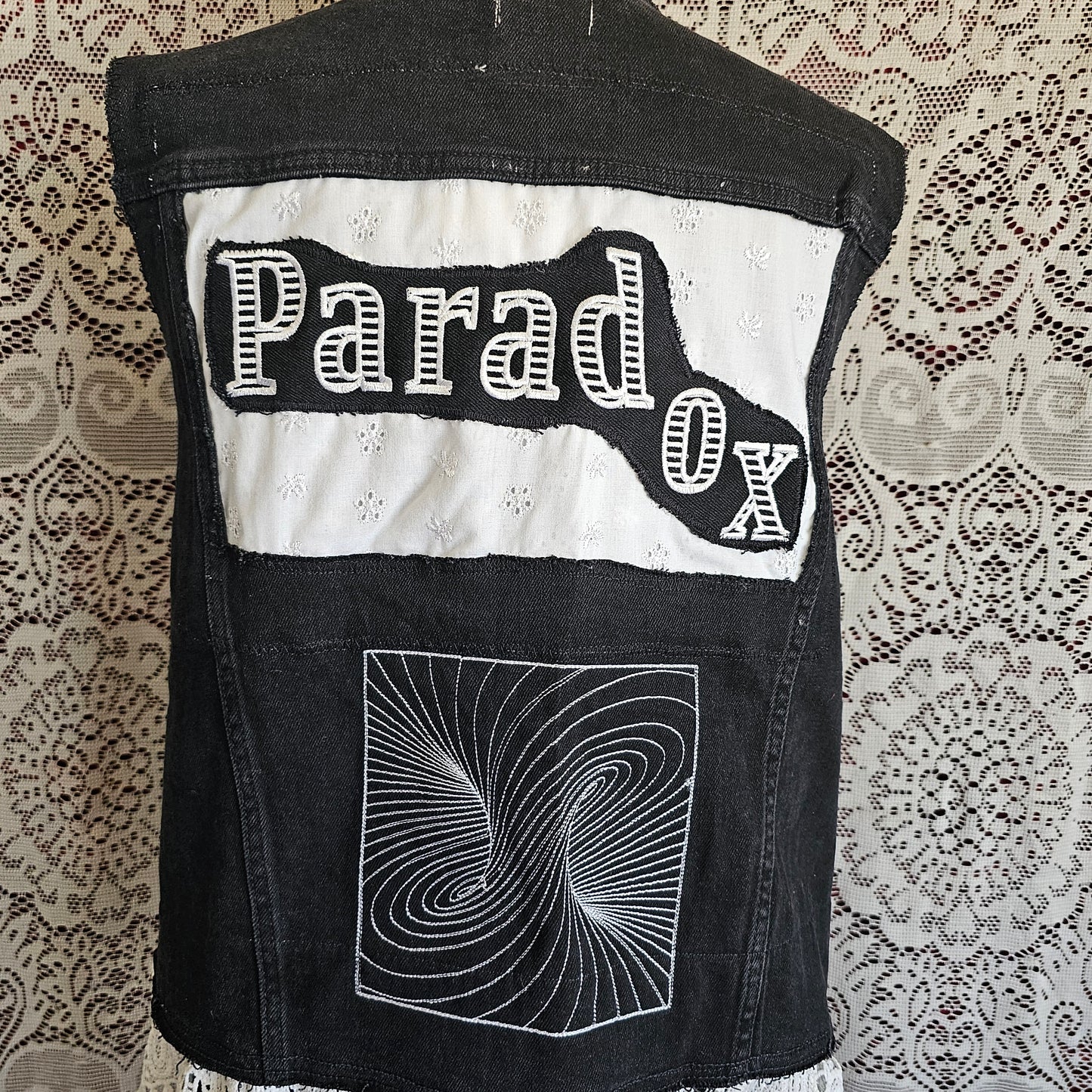 Paradox Vest — Upcycled Denim & Lace Optical Illusion Wearable Art