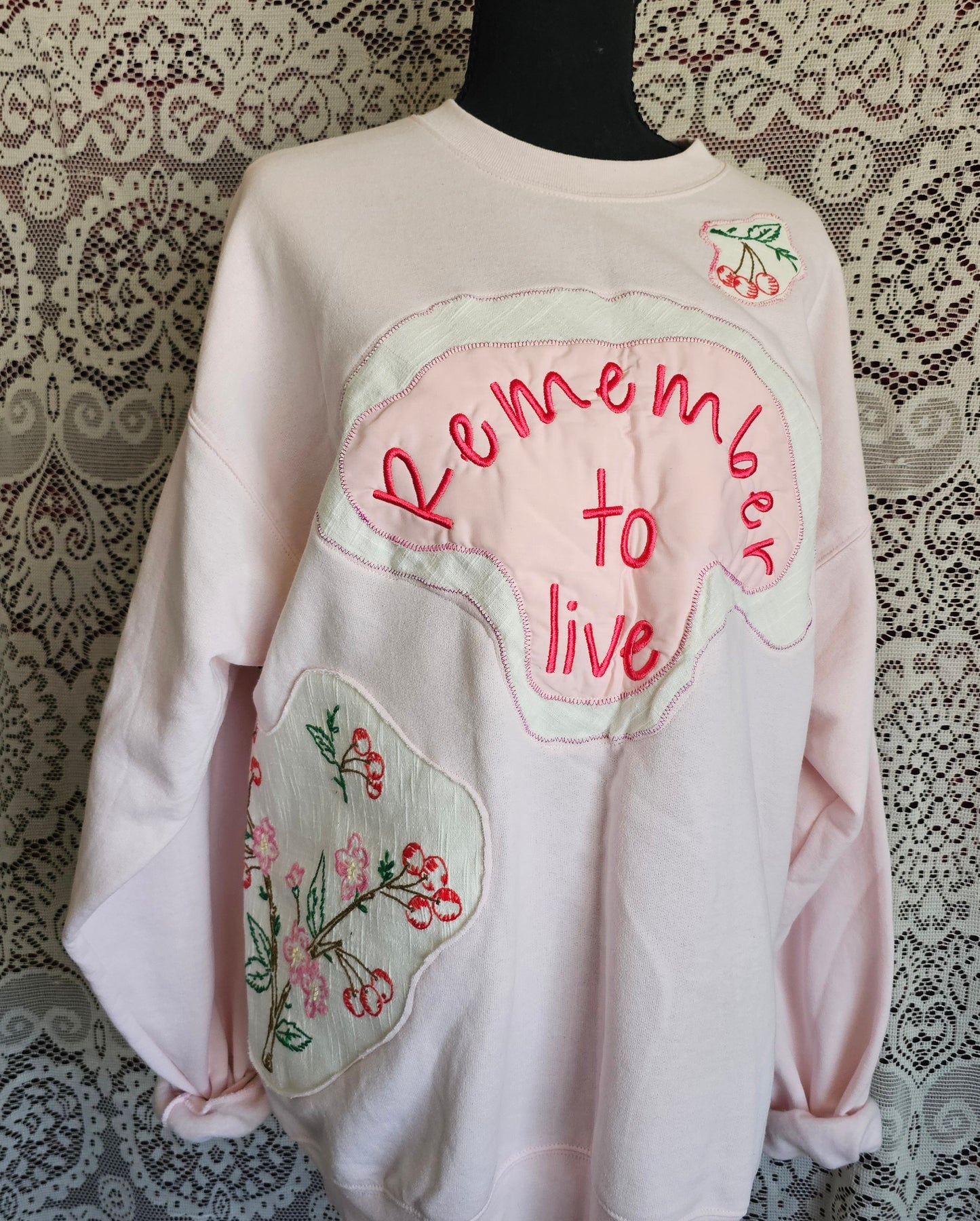 Memento Vivere Sweatshirt — Upcycled Cherry Blossom Embroidered Art