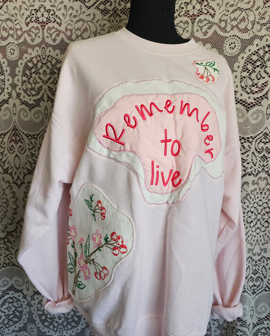Memento Vivere Sweatshirt — Upcycled Cherry Blossom Embroidered Art