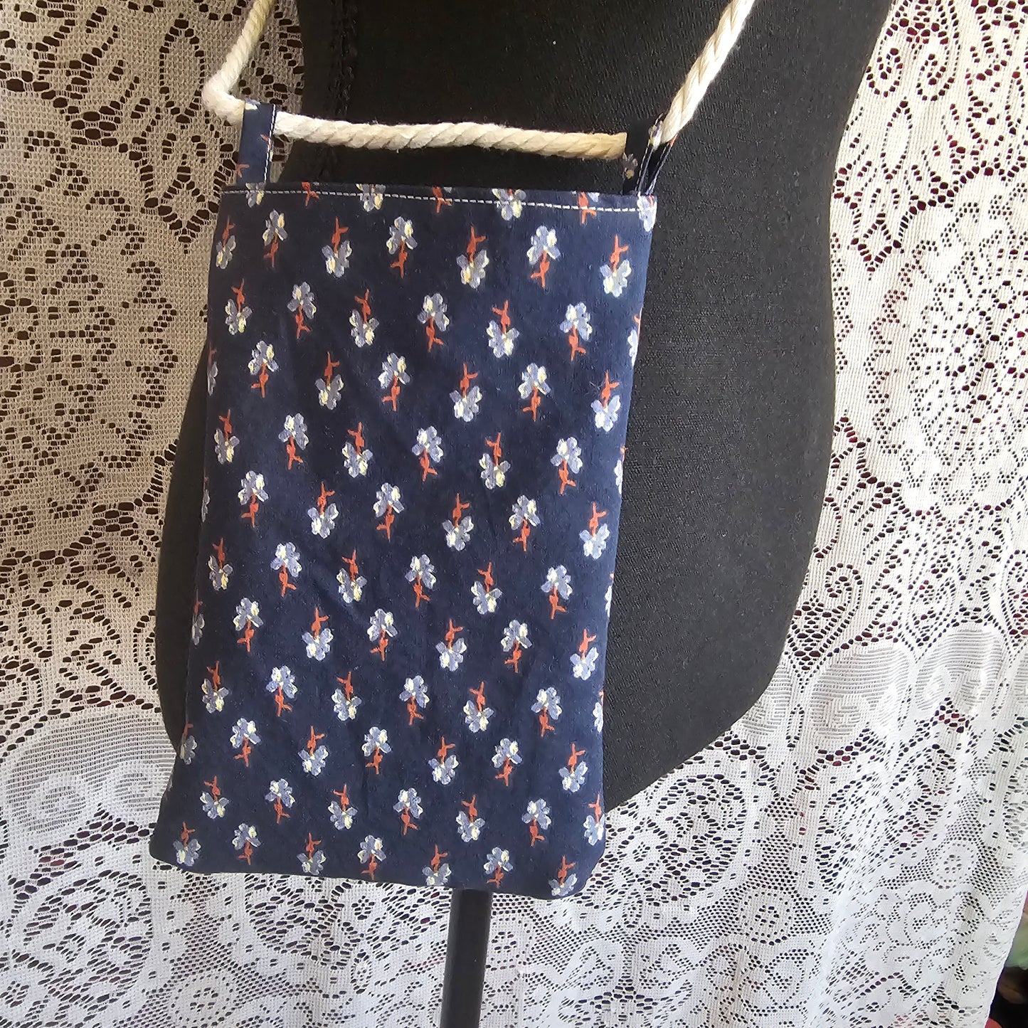 Mini Navy Floral Crossbody Bag — Reversible Handmade Bag with Rope Strap
