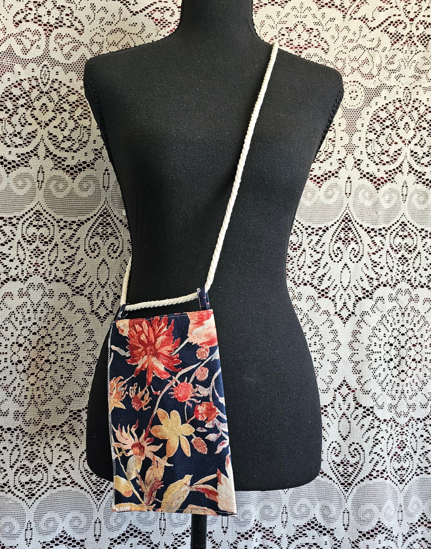 Mini Navy Floral Crossbody Bag — Reversible Handmade Bag with Rope Strap