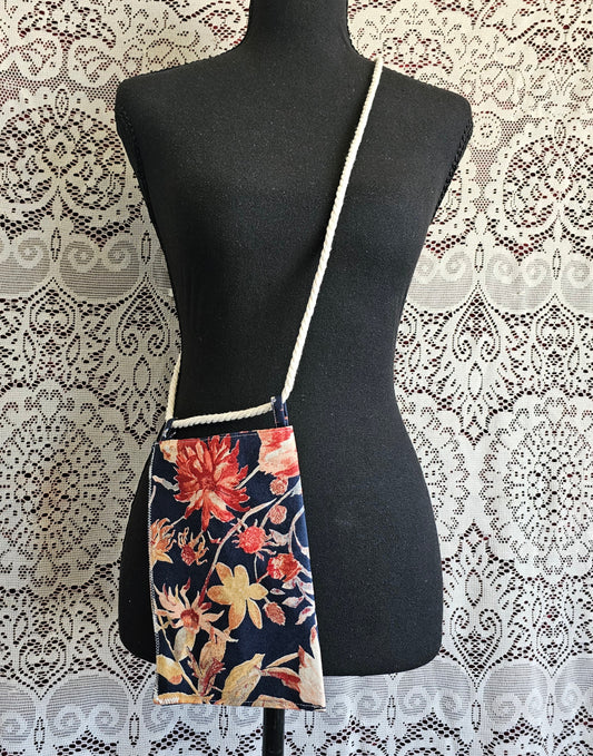 Mini Navy Floral Crossbody Bag — Reversible Handmade Bag with Rope Strap