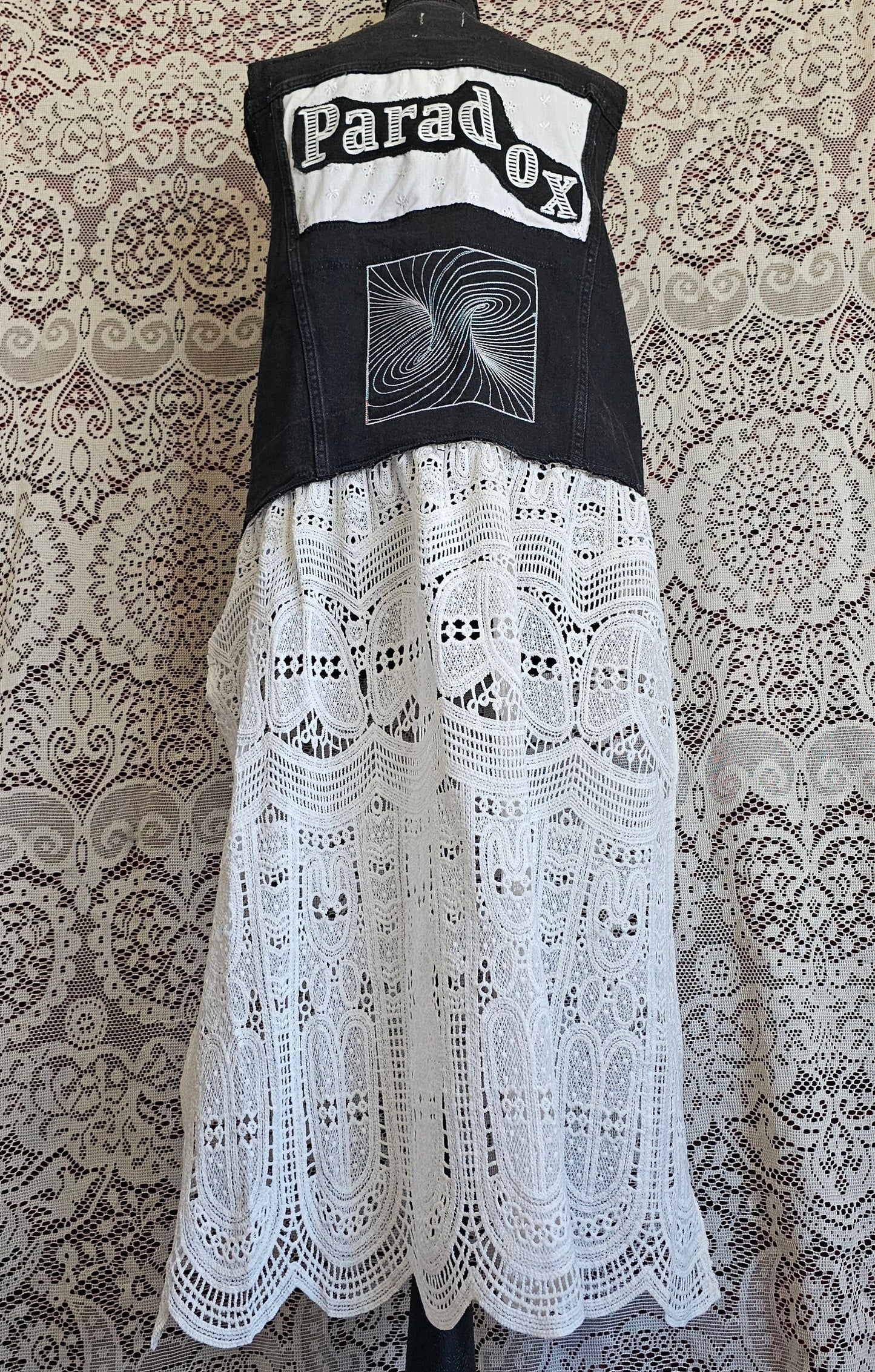 Paradox Vest — Upcycled Denim & Lace Optical Illusion Wearable Art